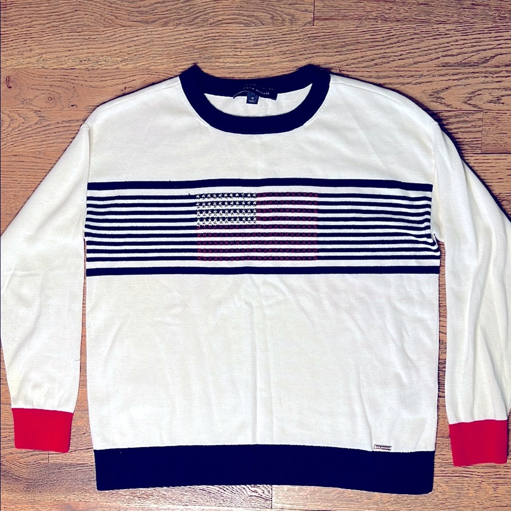 Tommy Hilfiger Red White Blue Flag Striped Gem Star Sweater Size M